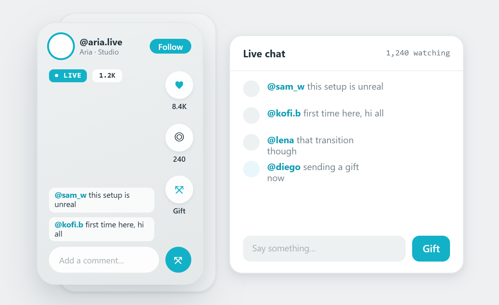 Live streaming player with live chat UI