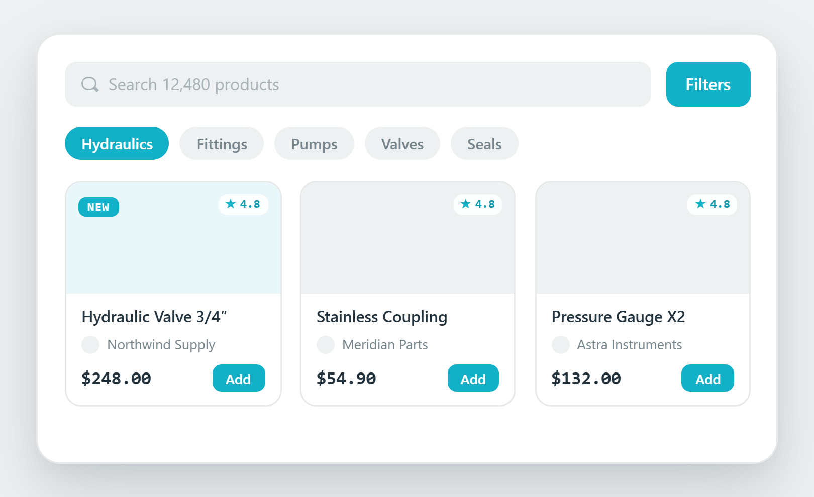 B2B marketplace product grid UI