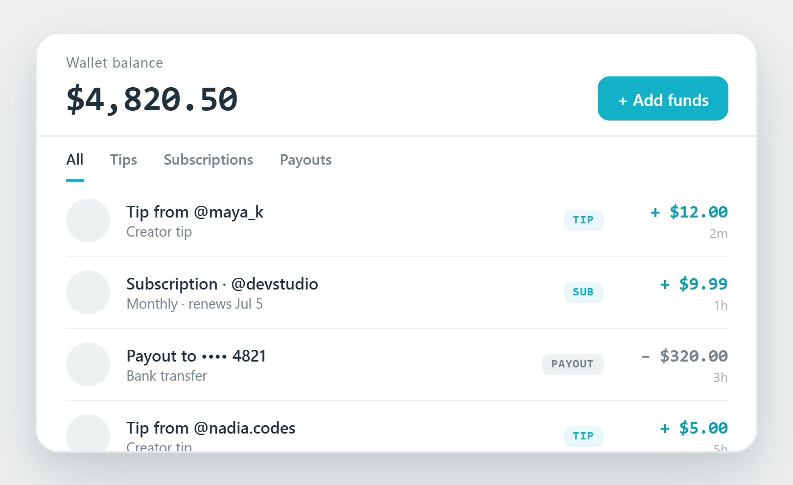 Wallet balance and payment transactions UI