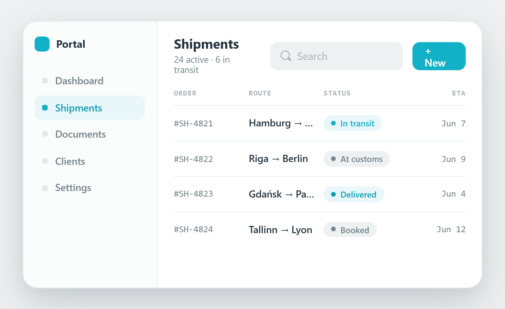 Logistics portal shipments dashboard UI